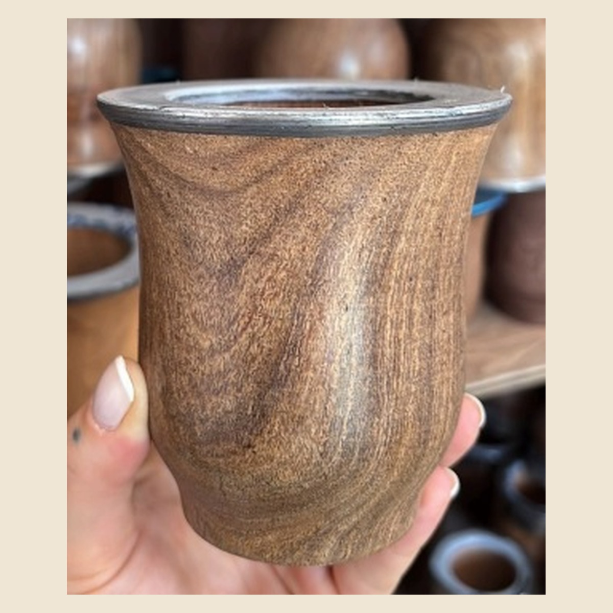 Mate Camionero de madera, madera tallada, virola metálica